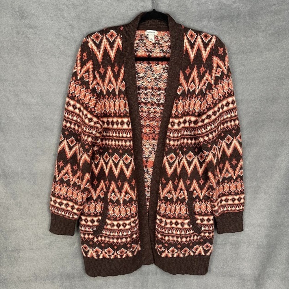 LL Bean Sweater Womens Large Brown Southwestern Cardigan Chunky Preppy Outdoor